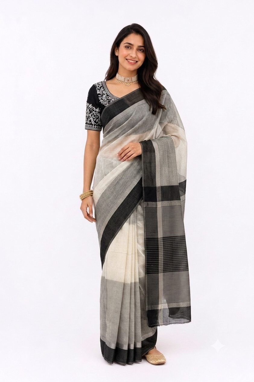 BLACK AND WHITE MAHESHWARI SAREE
