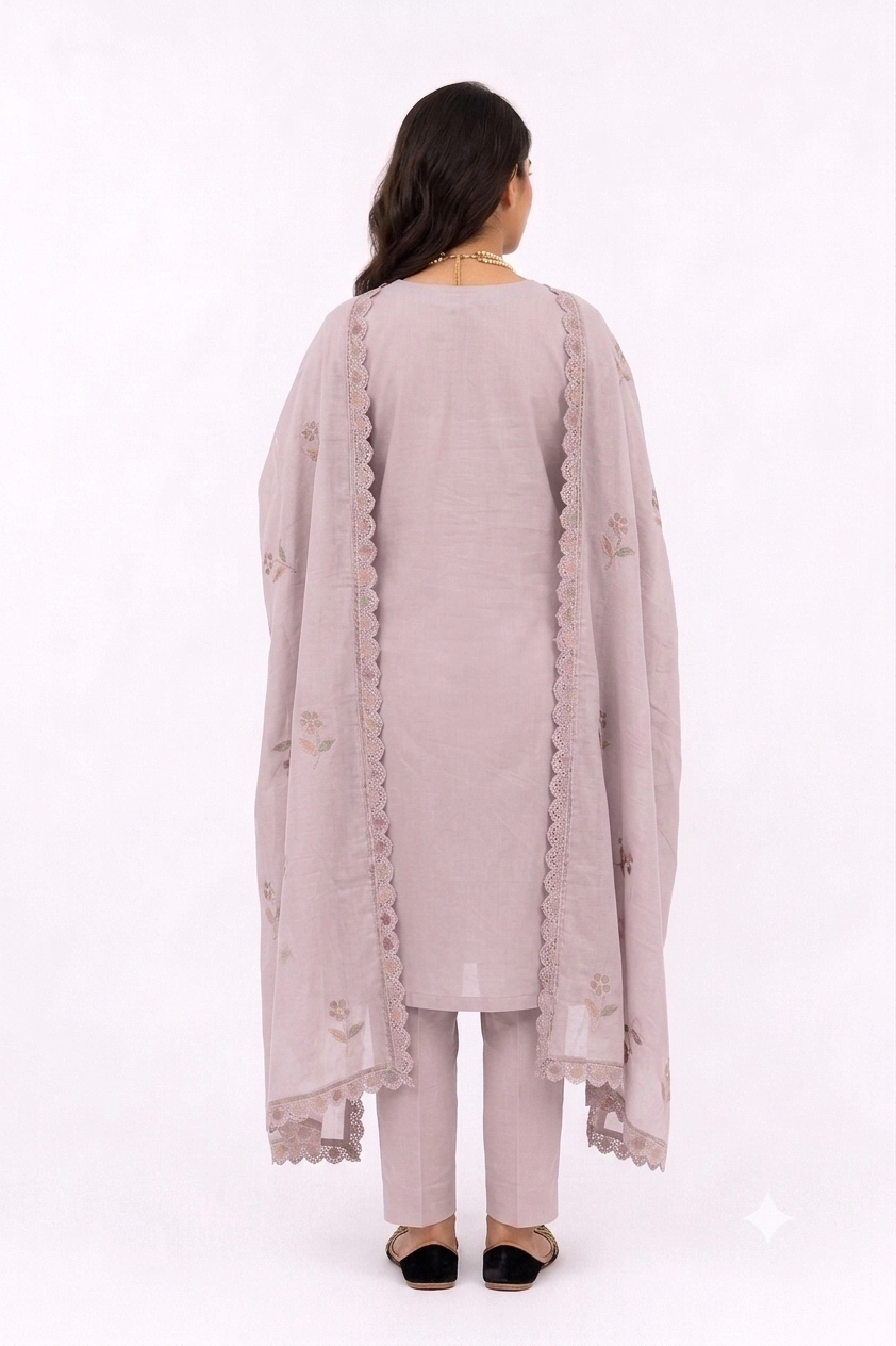 UNSTITCHED 3 PC SET COTTON THREAD EMBROIDERY