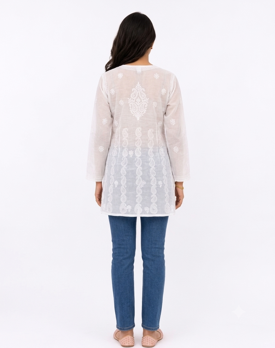 WHITE LUKHNOWI COTTON TUNIC