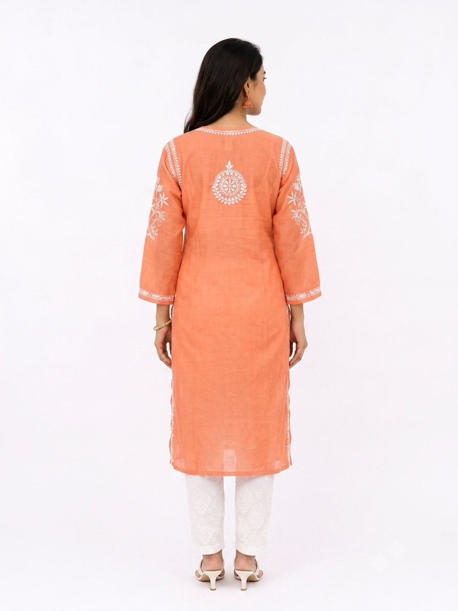 ORANGE SILK KURTA WITH LUCKNOWI WORK
