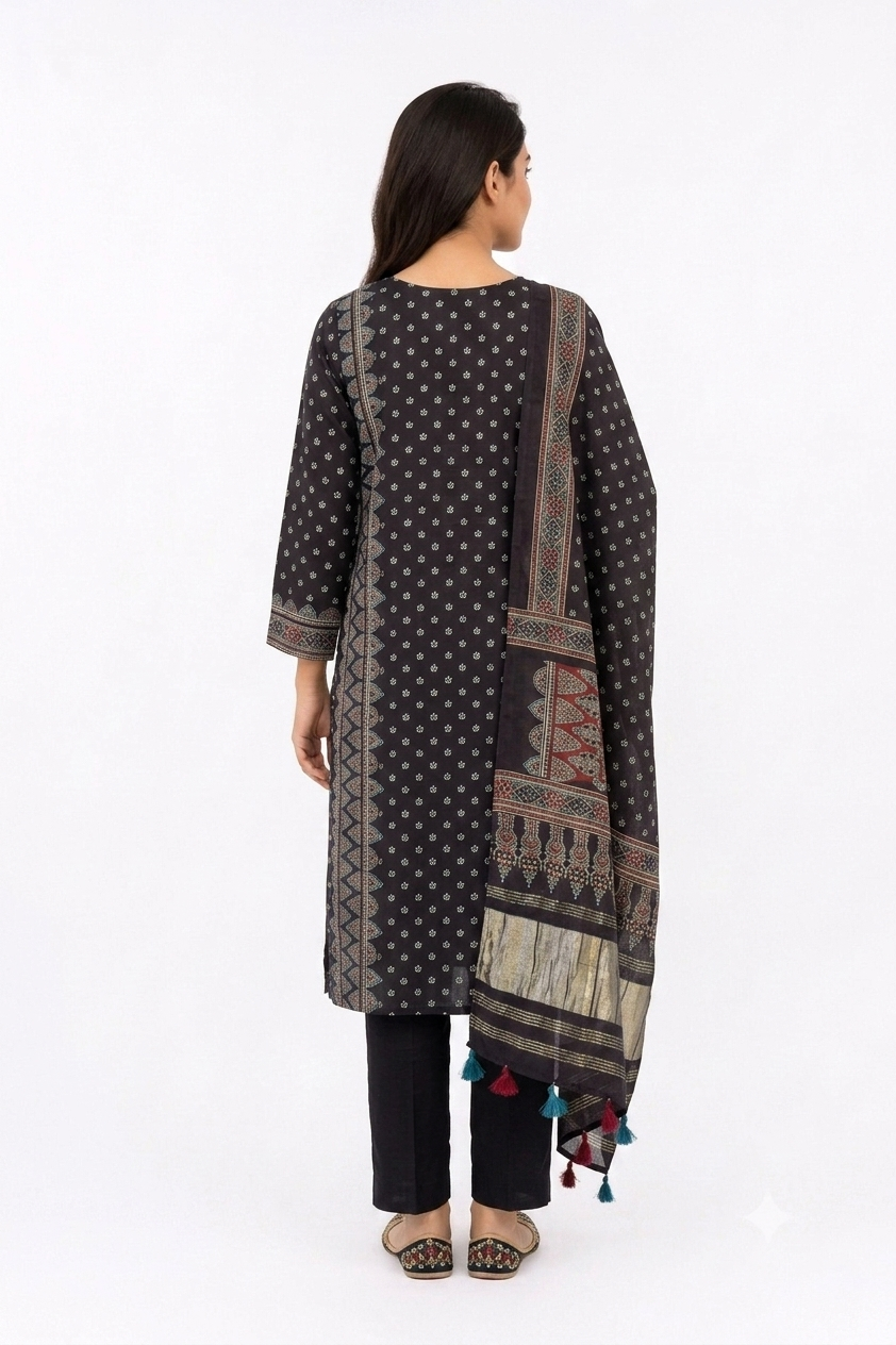UNSTITCHED 3 PC SET PRINTER BLACK MODAL SILK