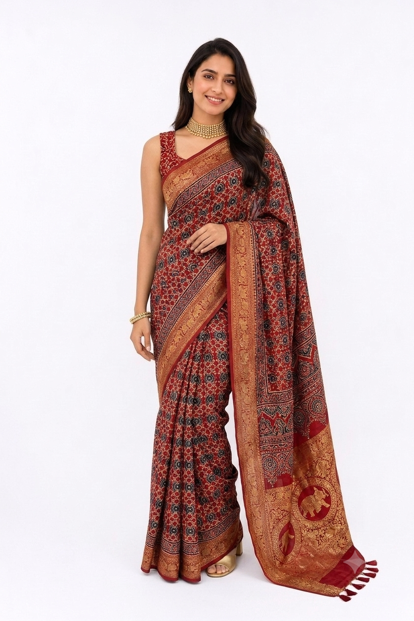 DOLA SILK PRINTED SAREE WITH  ELEPHANT BORDER