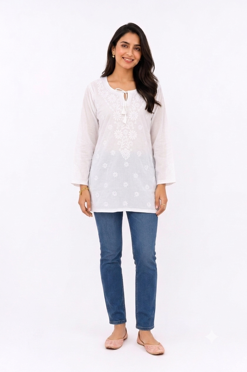 WHITE LUKHNOWI COTTON TUNIC A/D/A