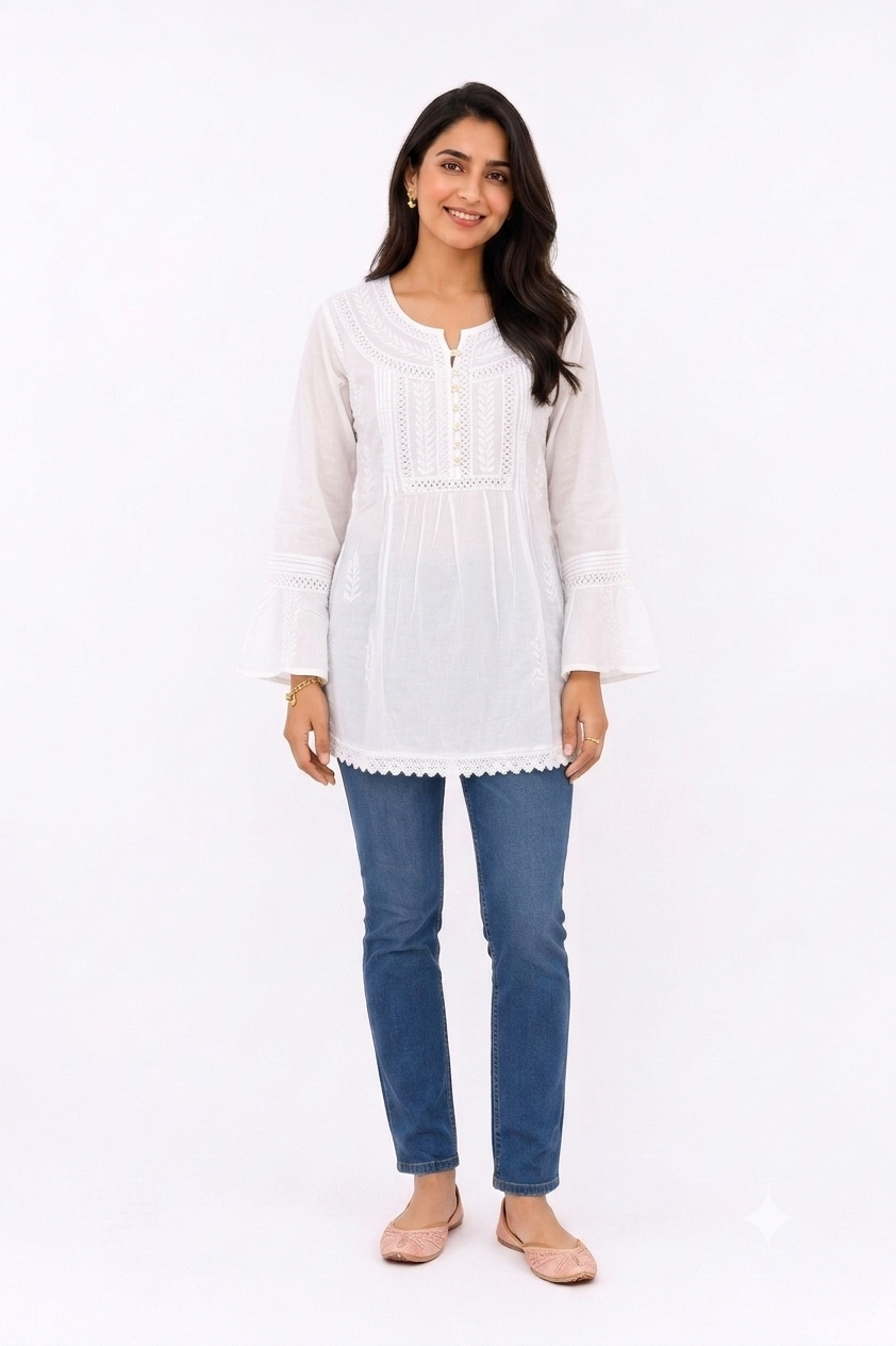 WHITE LUKHNOWI COTTON TUNIC A/D/A