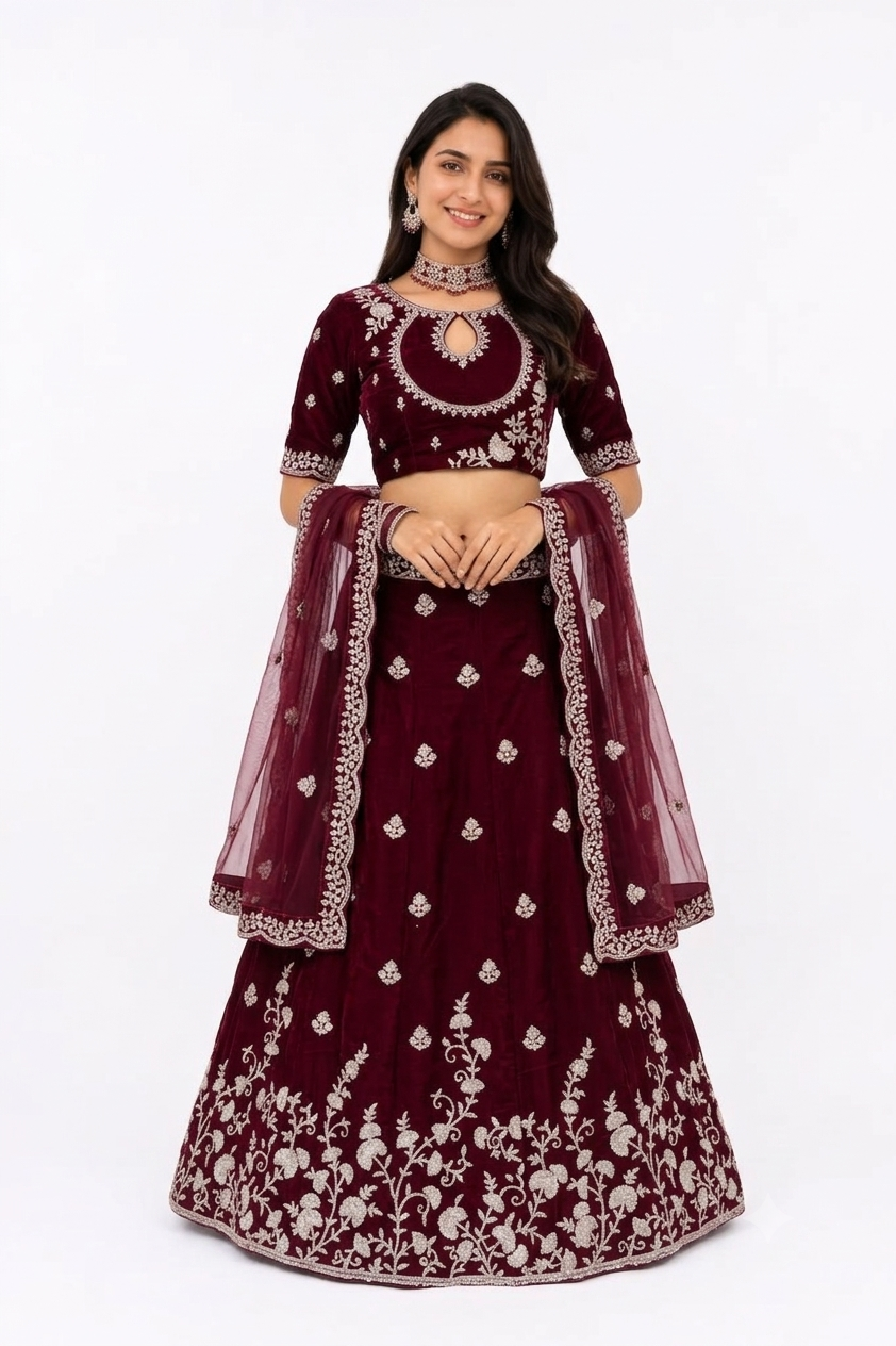 ORGANZA MAROON UNSTITCHED 3 PC LEHENGA SET