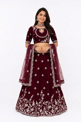 ORGANZA MAROON UNSTITCHED 3 PC LEHENGA SET