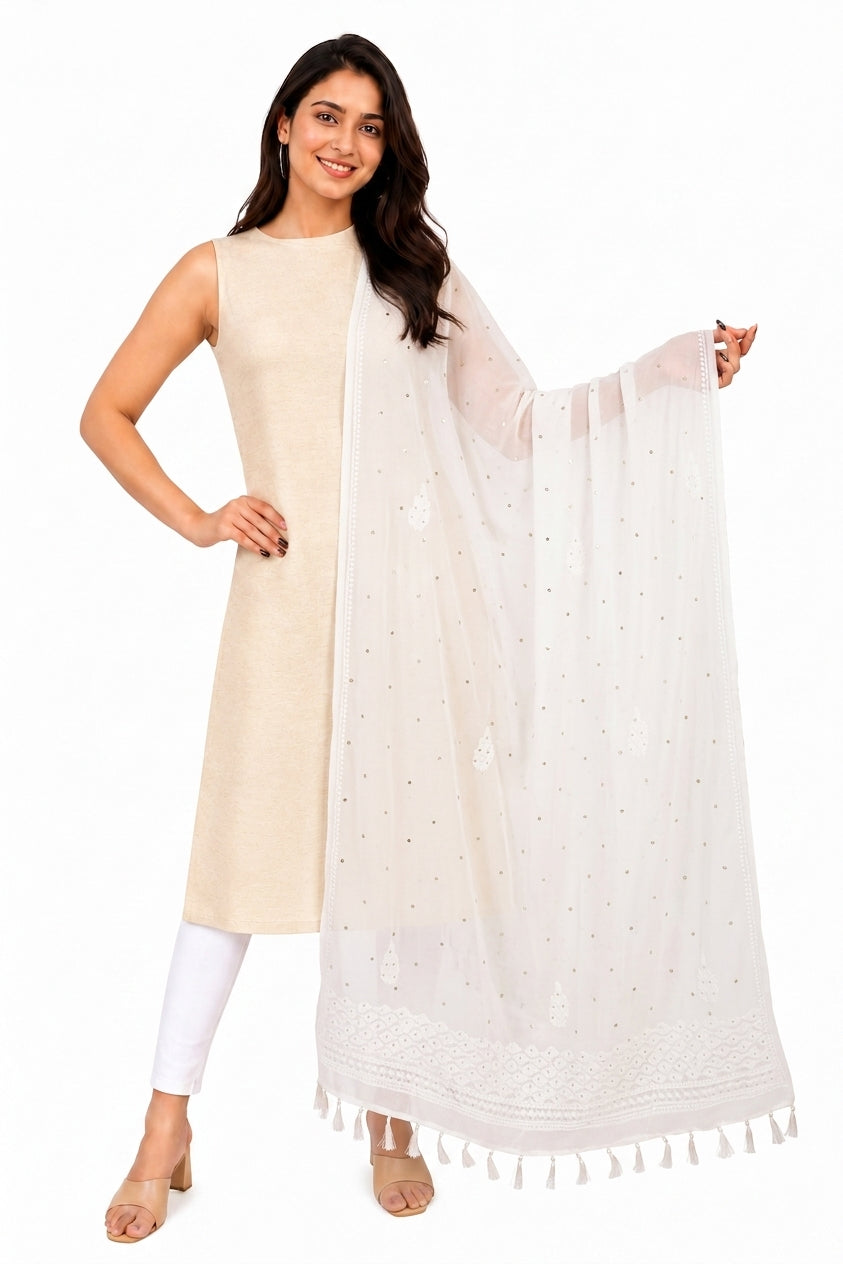 GEORGETTE WHITE DUPATTA WITH MUKAISH