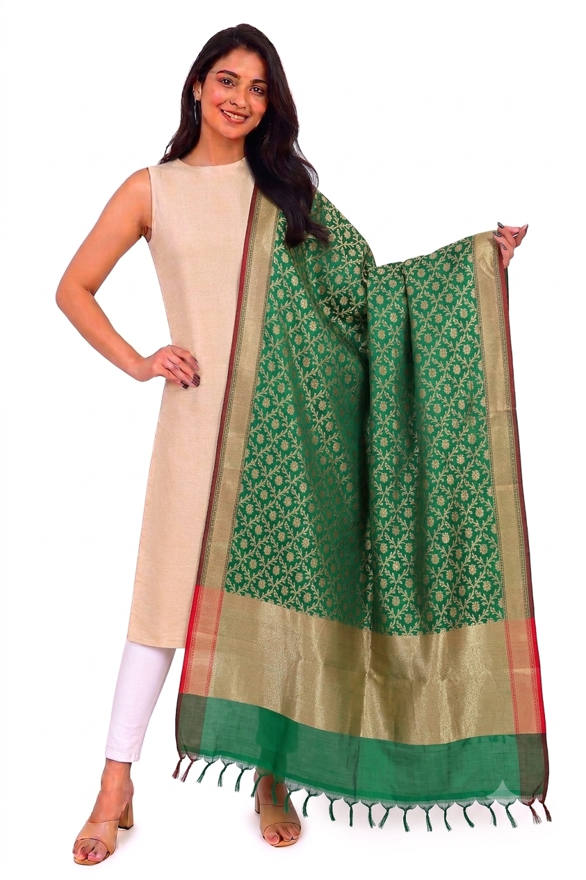 GREEN SILK DUPATTA WITH GOLD WORK