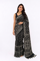 MODAL SILK AJRAKH SAREE WITH MIRROR WORK