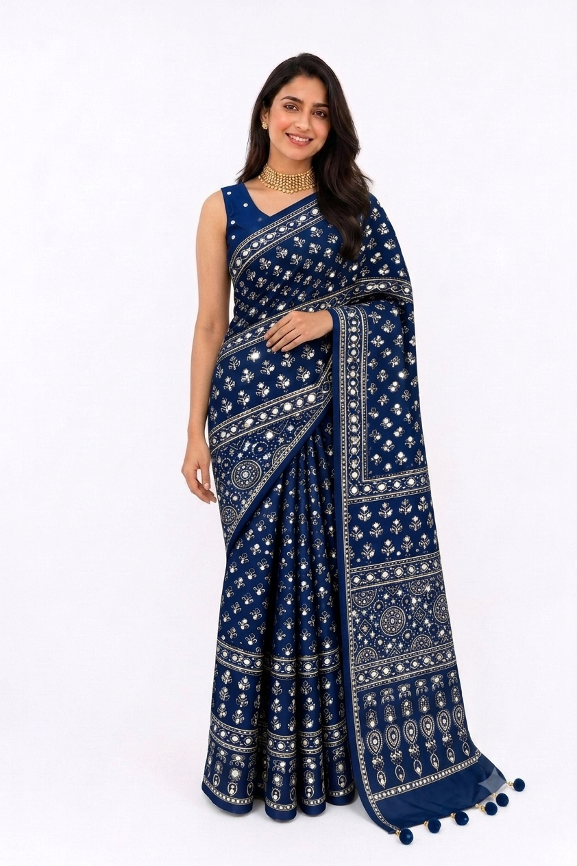 MODAL SILK AJRAKH SAREE WITH MIRROR WORK