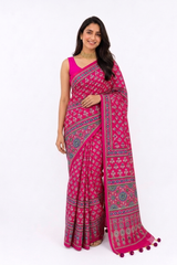 MODAL SILK AJRAKH SAREE WITH MIRROR WORK