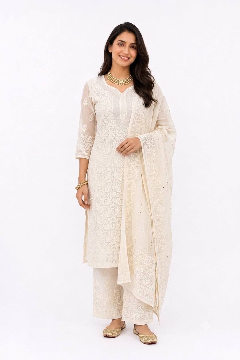 MUKAISH WORK OFF WHITE 3 PIECE SET