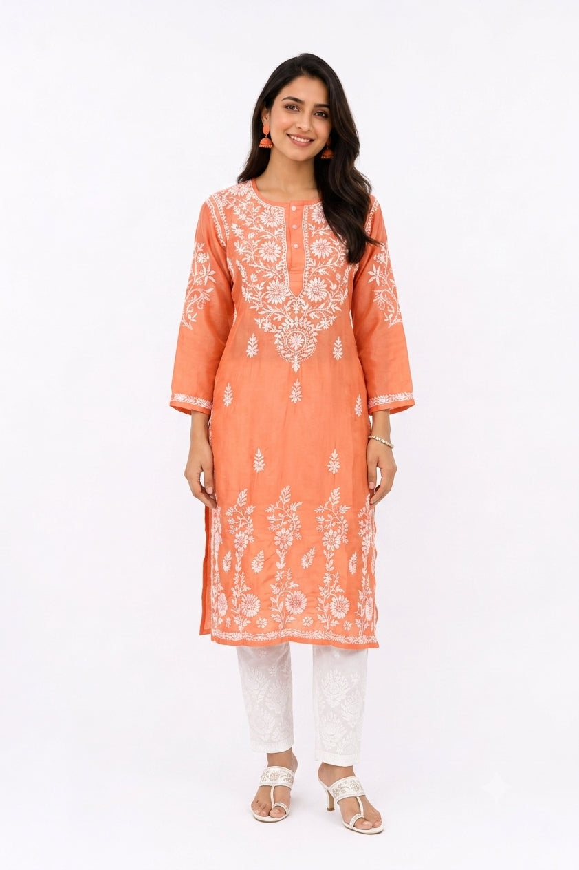 ORANGE SILK KURTA WITH LUCKNOWI WORK