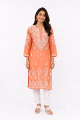 ORANGE SILK KURTA WITH LUCKNOWI WORK
