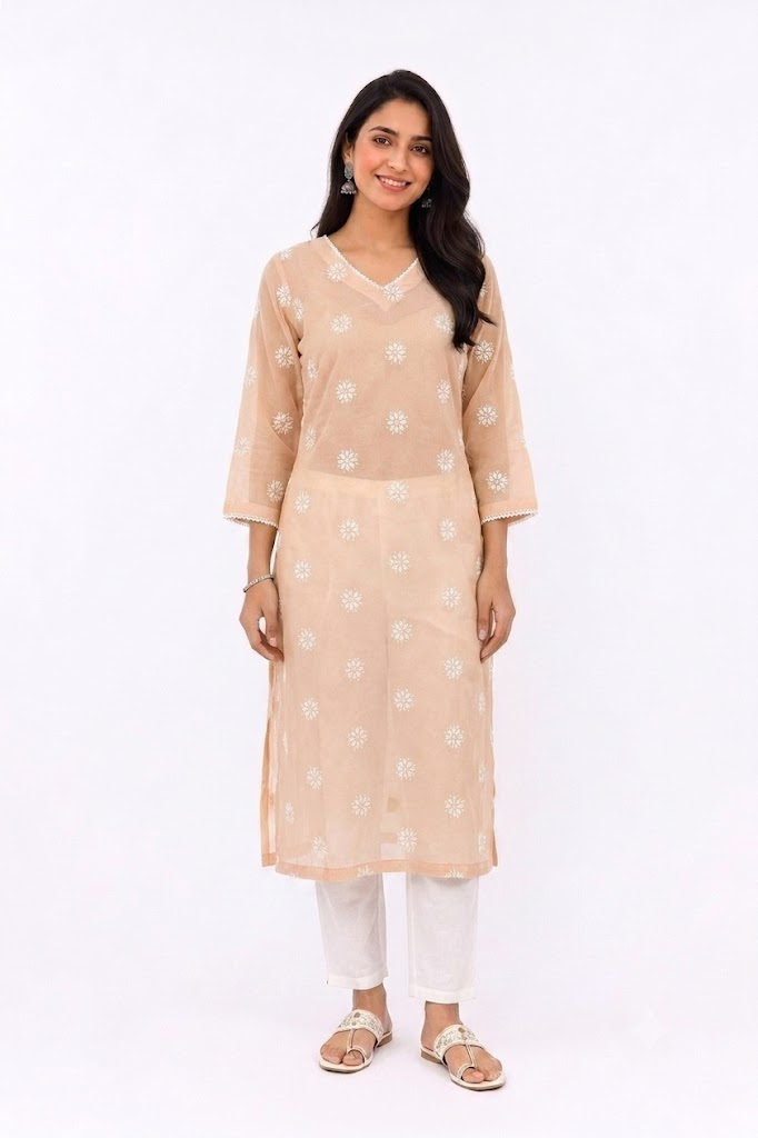 PEACH GEORGETTE KURTA WITH LACE