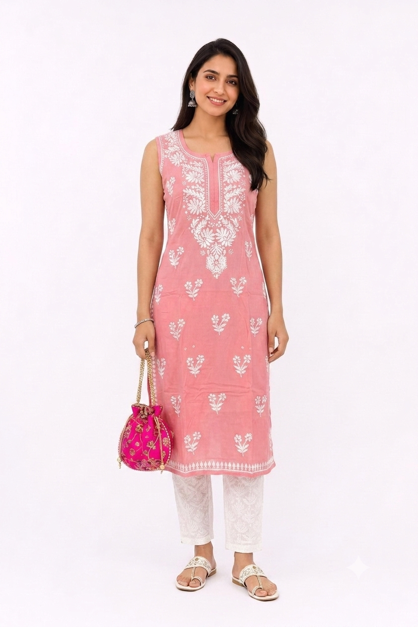 PINK LUCKNOWI SLEEVESLESS KURTA