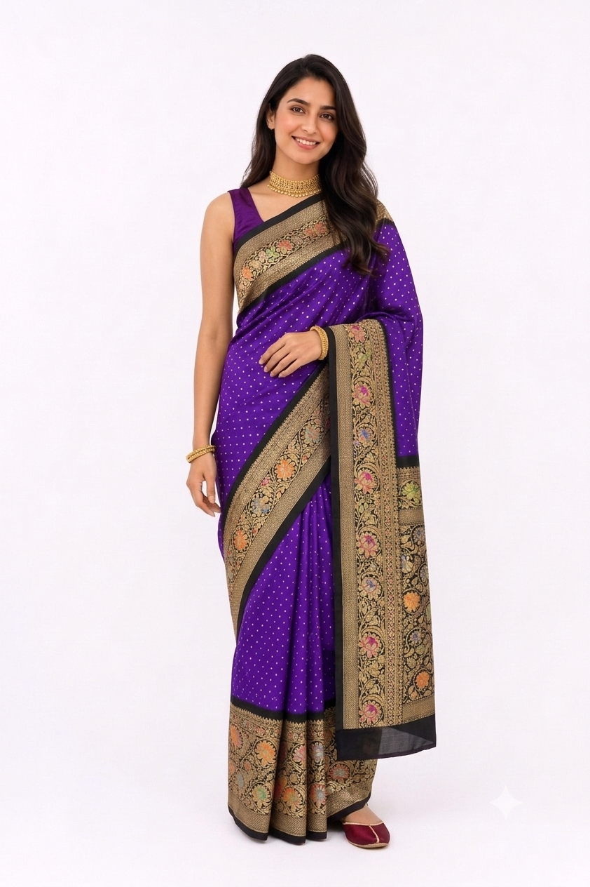 PURE SILK BANDHANI SAREE WITH BANARASI BORDER MEENAKARI WORK