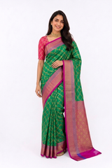 PURE SILK SAREE GREEN WITH PINK BORDER