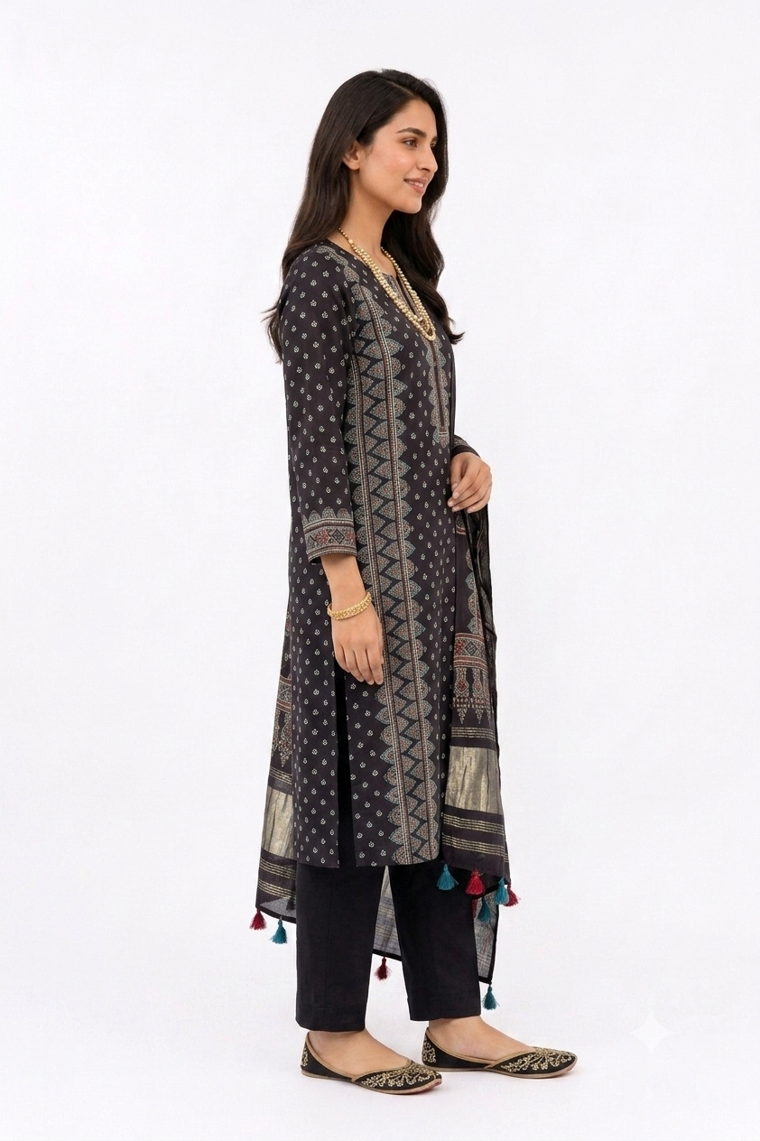 UNSTITCHED 3 PC SET PRINTER BLACK MODAL SILK