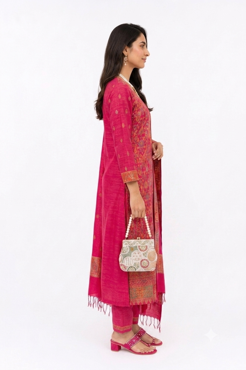 PINK KANI JAMAVAR READY 3 PIECE SET