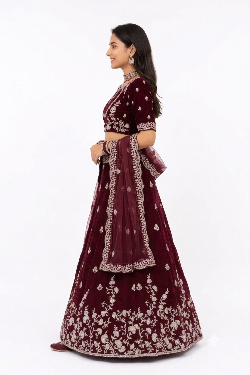 ORGANZA MAROON UNSTITCHED 3 PC LEHENGA SET
