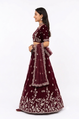 ORGANZA MAROON UNSTITCHED 3 PC LEHENGA SET