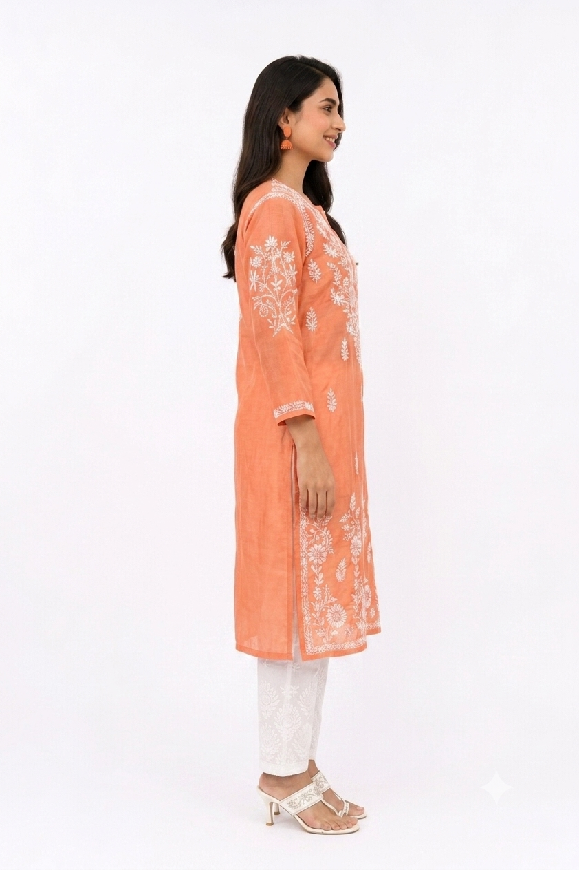 ORANGE SILK KURTA WITH LUCKNOWI WORK
