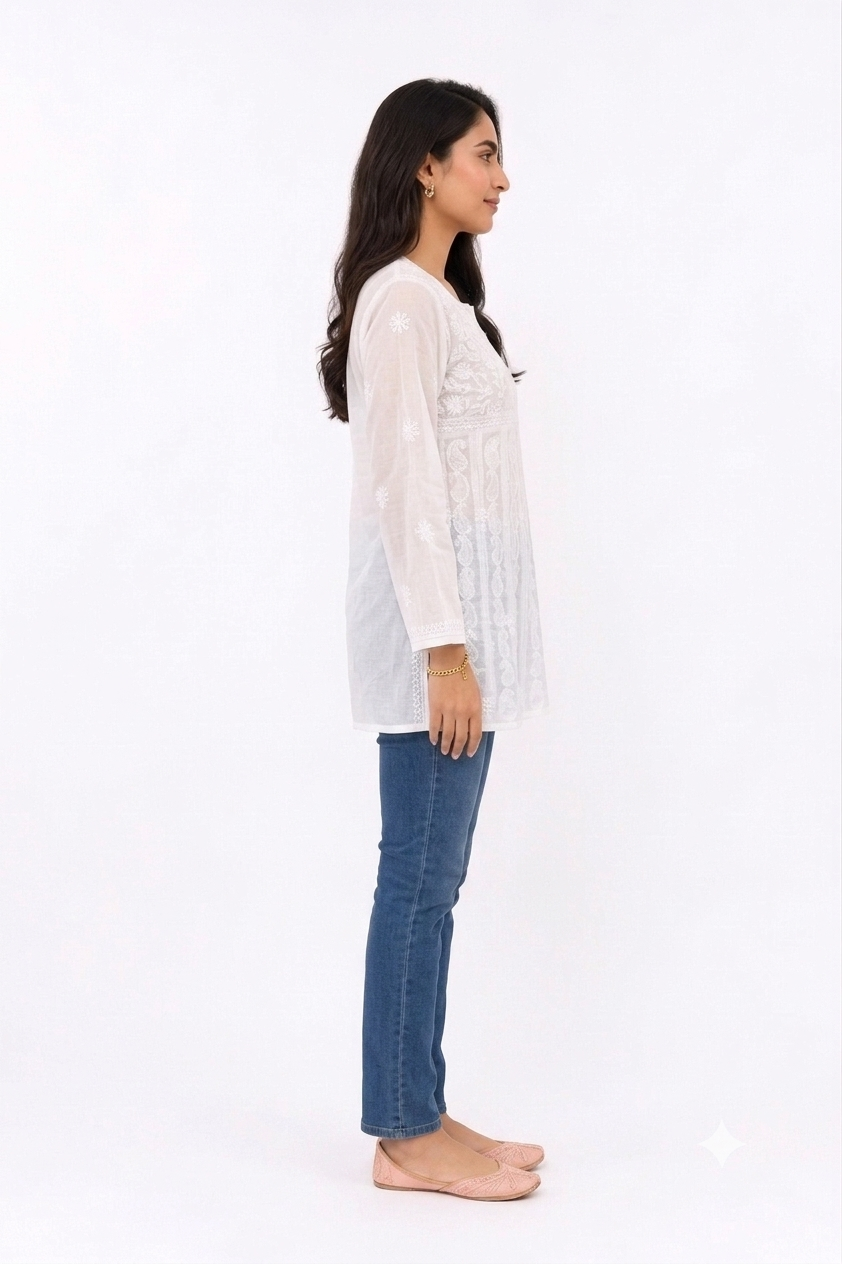 WHITE LUKHNOWI COTTON TUNIC
