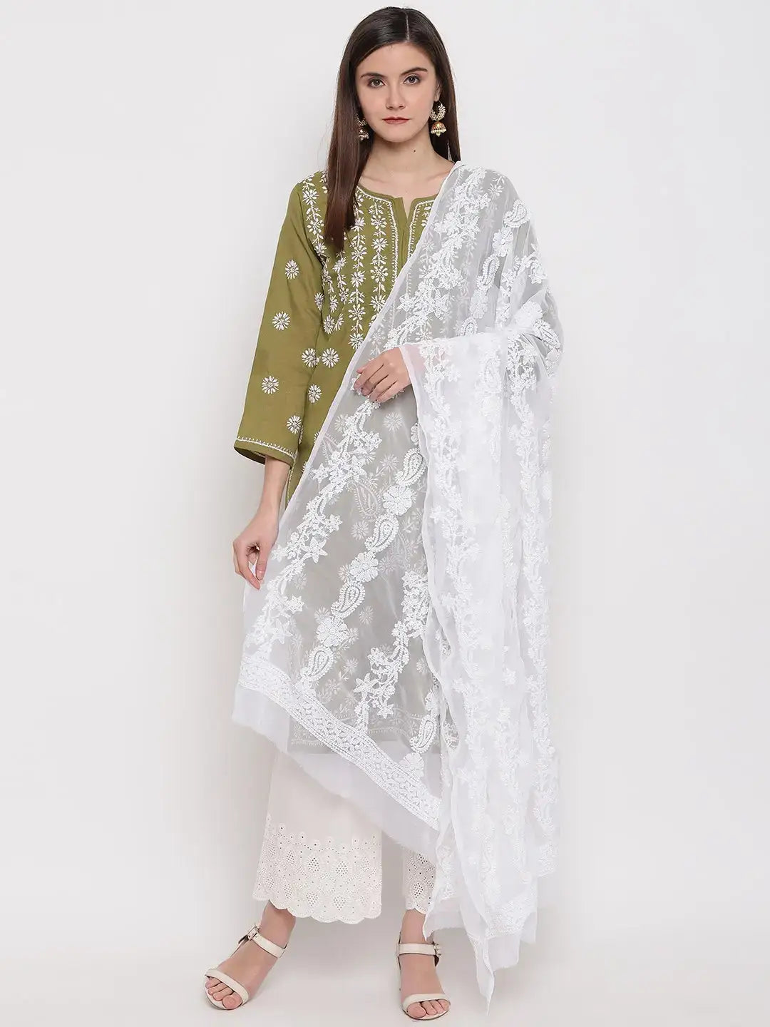 Embroidered Sheer White Dupatta - Lucknowi