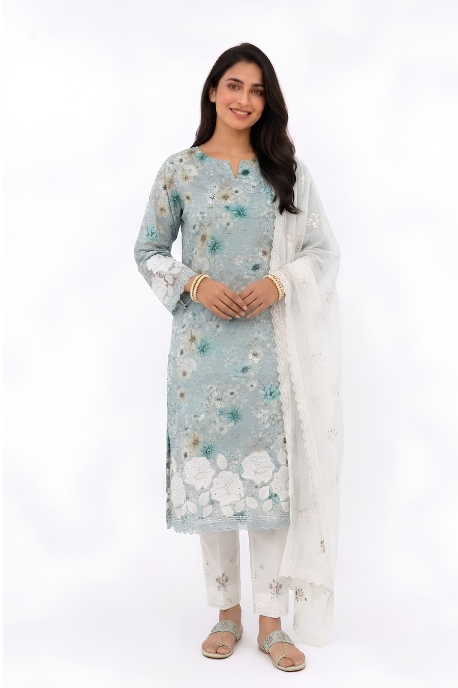 UNSTITCHED 3 PC COTTON SET WITH CUTWORK