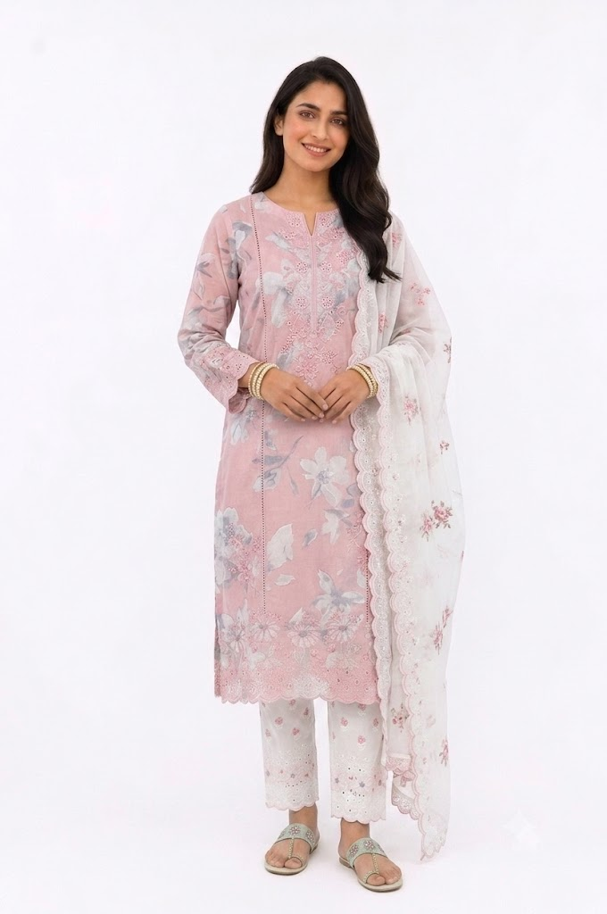 UNSTITCHED 3 PC COTTON SET WITH CUTWORK