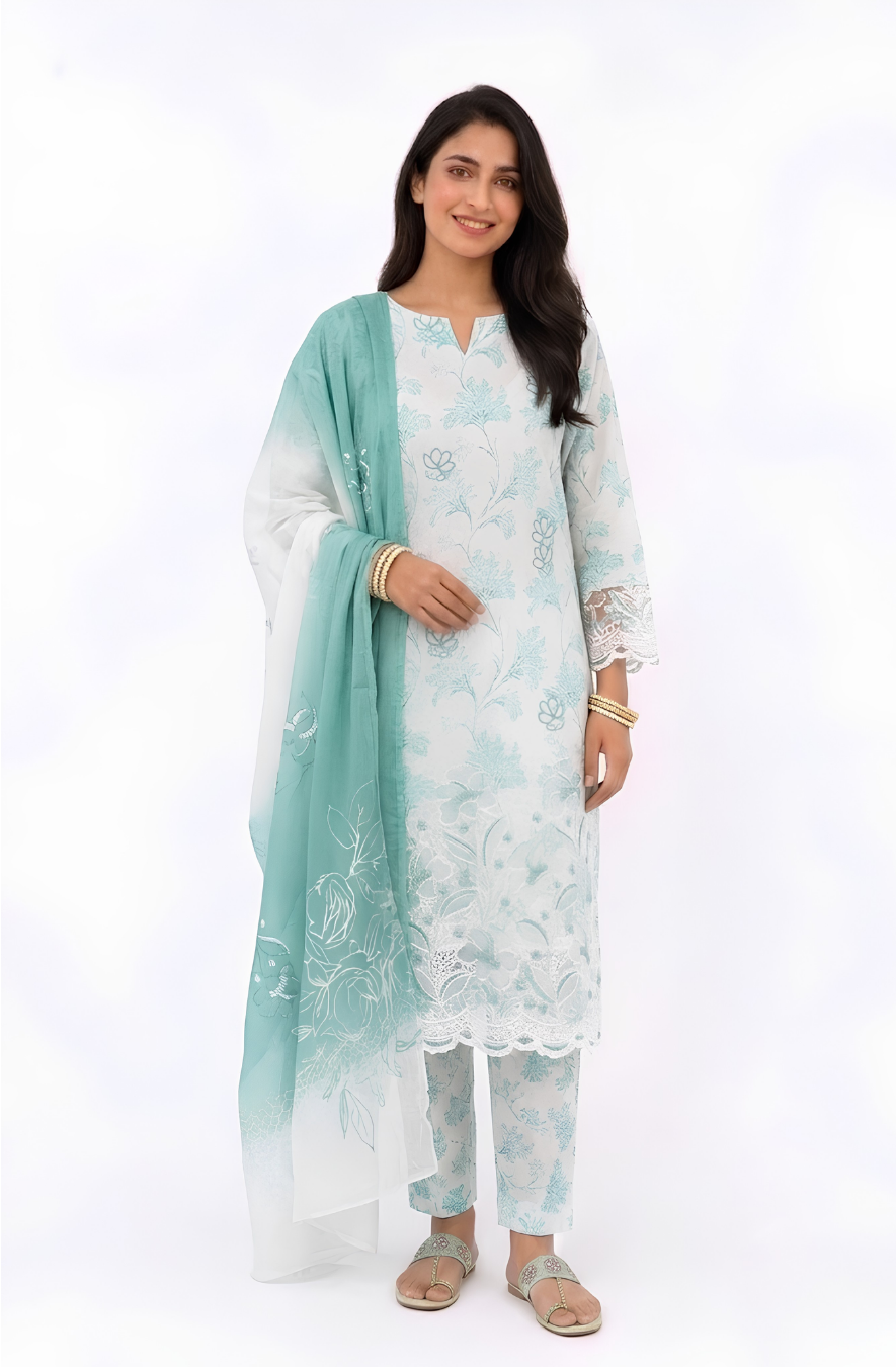 UNSTITCHED 3 PC COTTON SET WITH CUTWORK