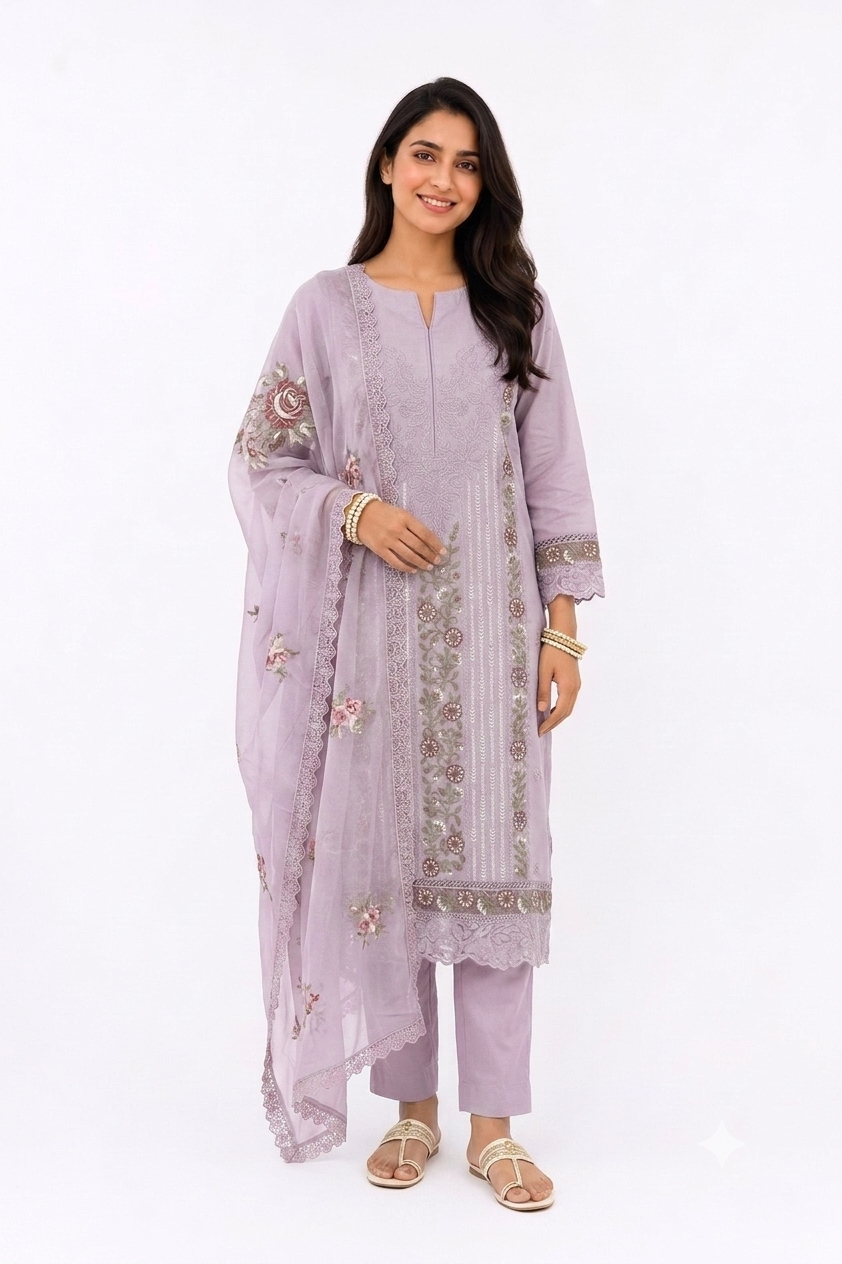 UNSTITCHED 3 PC COTTON SET WITH EMBROIDERY