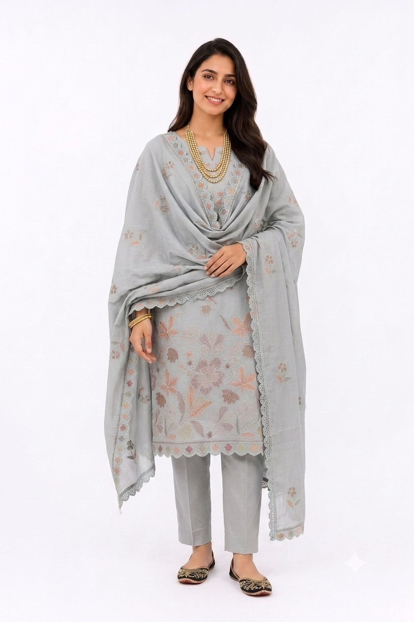 UNSTITCHED 3 PC SET COTTON THREAD EMBROIDERY