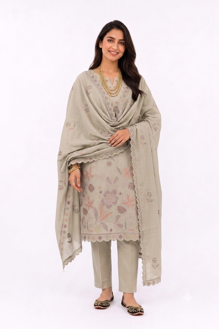 UNSTITCHED 3 PC SET COTTON THREAD EMBROIDERY