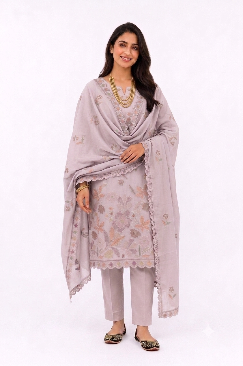 UNSTITCHED 3 PC SET COTTON THREAD EMBROIDERY