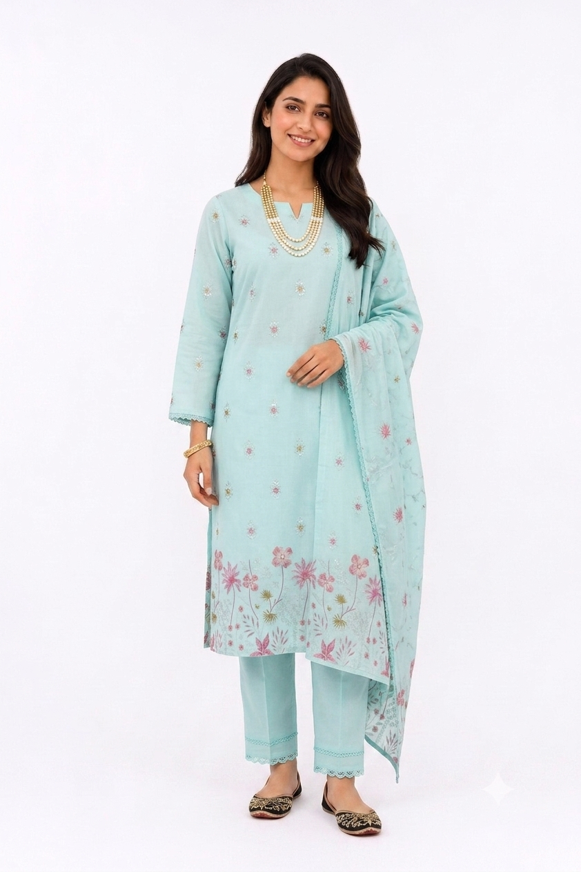 UNSTITCHED 3 PC SET EMBROIDERED COTTON