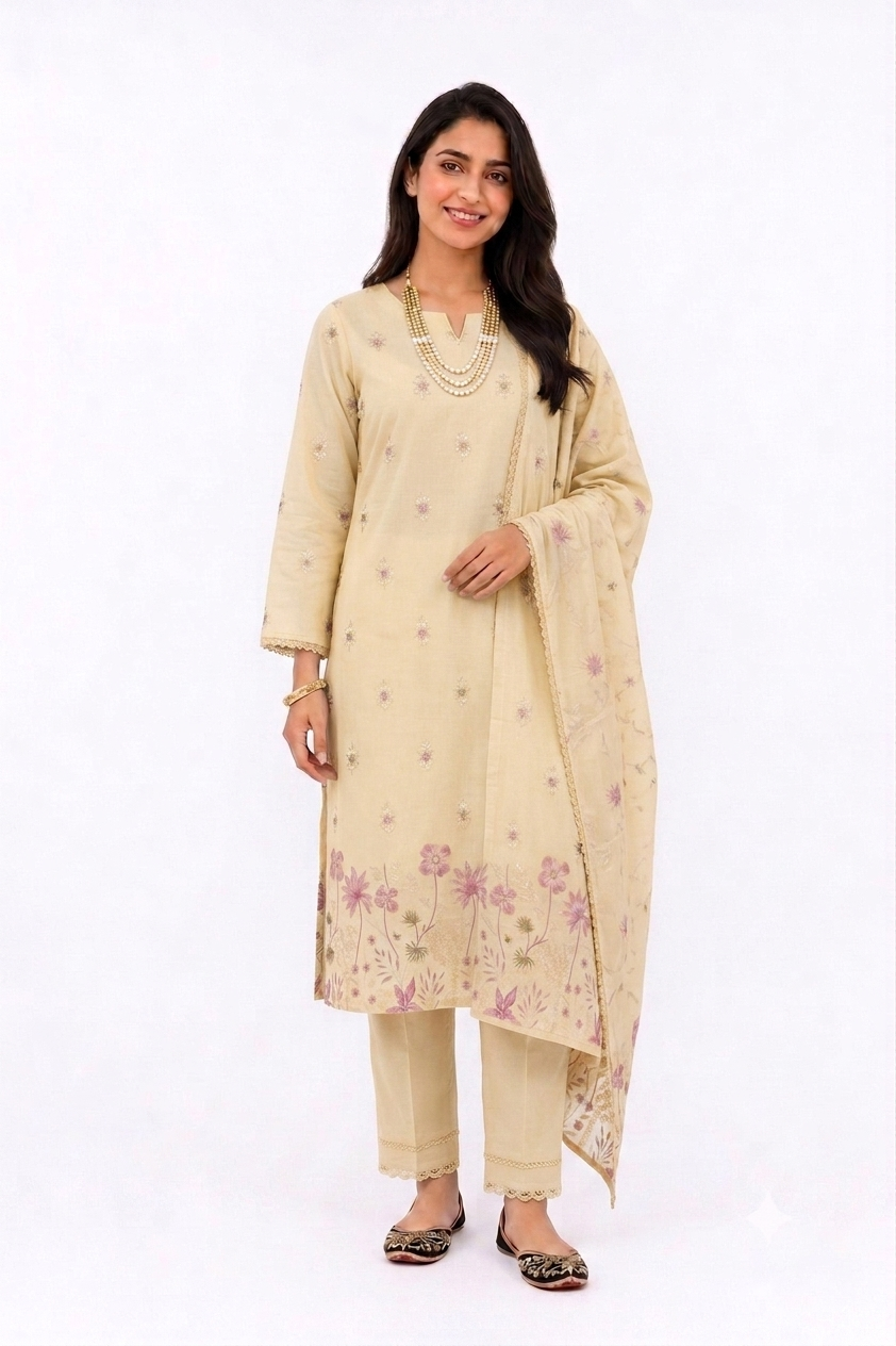 UNSTITCHED 3 PC SET EMBROIDERED COTTON
