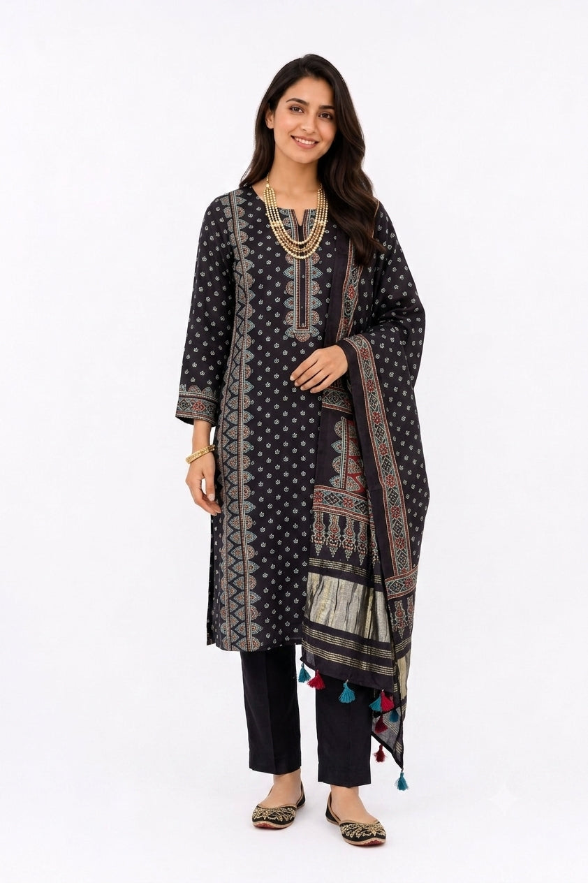 UNSTITCHED 3 PC SET PRINTER BLACK MODAL SILK