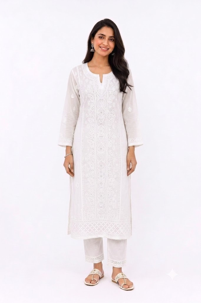 WHITE LUCKNOWI KURTA WITH MUKAISH WORK