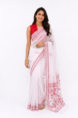 WHITE WITH RED LUCKNOWI SAREE